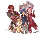  1girl 3boys amy_rose animal_ears au_ra axe blonde_hair blue_hair cat_ears crossed_arms dark_skin final_fantasy final_fantasy_xiv fox_hood hood horns humanization hyur knuckles_the_echidna lalafell looking_at_viewer miqo&#039;te multiple_boys nannelflannel personification pink_hair red_hair shoulder_armor smile sonic sonic_the_hedgehog 