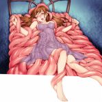  1girl blush brown_hair comiket dress eyebrows_visible_through_hair medium_hair okano_hajime on_bed open_mouth original slime tentacles tongue 