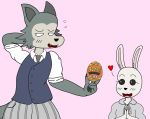  &lt;3 beastars blush candy canid canine canis chocolate chocolate_egg clothing crackalacking duo easter female food happy haru_(beastars) holidays lagomorph legoshi_(beastars) leporid male male/female mammal necktie nervous rabbit reese&#039;s school_uniform smile suit uniform wolf 