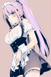  1girl apron blush breasts character_request copyright_request cowboy_shot dutch_angle highres lace lace-trimmed_legwear long_hair maid maid_apron open_mouth pink_background ponytail purple_hair sweatdrop tearing_up thighhighs twitter_username wrist_cuffs yu_yu 