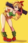  1girl absurdres annoyed arm_up armpits bare_shoulders blonde_hair breasts cleavage collarbone curly_hair dragon_ball dragon_ball_(classic) full_body green_eyes gun hand_on_hip hanging_breasts highres holding holding_weapon jojowentbananas long_hair lunch_(dragon_ball) m1_bazooka midriff navel red_bandana rocket_launcher shadow short_shorts shorts signature skindentation solo thighs v-shaped_eyebrows weapon yellow_background 