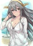  1girl beach blue_sky blurry breasts brown_eyes cleavage cloud commentary_request day depth_of_field grey_hair hairband haruna_(kantai_collection) headgear hood hooded_jacket hoodie jacket kantai_collection long_hair looking_at_viewer outdoors shohei_(piranha5hk) sky solo tan upper_body white_jacket 