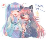  2girls ^_^ ahoge arm_around_waist bang_dream! bangs black_jacket blue_jacket blush bracelet cat_ear_headphones chu2_(bang_dream!) closed_eyes cup drinking_glass fang food goblet hair_bobbles hair_ornament headphones heart heart_in_mouth holding holding_cup holding_hair jacket jerky jewelry long_hair long_sleeves looking_at_viewer multiple_girls necktie pareo_(bang_dream!) print_shirt red_hair red_neckwear shirt sidelocks spoken_heart striped striped_neckwear tadano_kagekichi twintails upper_body white_background white_shirt 