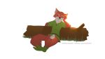  16:9 animal_genitalia anthro balls bottomless canid canine clothed clothing footwear fox genitals grass letodoesart log male mammal robin_hood sheath shoes solo widescreen wood 