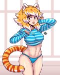  1girl absurdres animal_ears arm_up blue_panties blue_sweater blush breasts brown_eyes closed_mouth eyebrows highres large_breasts long_sleeves looking_at_viewer navel orange_hair original panties red_hair short_hair sleeves_past_wrists smile solo striped striped_sweater sweater taggo tail tiger_ears tiger_tail tongue tongue_out underwear white_hair 
