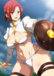  1girl aqua_eyes bangs bikini blue_sky blush boudica_(fate/grand_order) breasts buckler cleavage fate/grand_order fate_(series) hera_(hara0742) highres juliet_sleeves large_breasts long_sleeves looking_at_viewer multi-strapped_bikini navel o-ring open_mouth puffy_sleeves red_hair shield short_hair short_ponytail shrug_(clothing) sky smile solo sunlight swimsuit sword thigh_strap thighs weapon white_bikini 