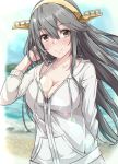  1girl beach blue_sky blurry breasts brown_eyes cleavage cloud commentary_request day depth_of_field grey_hair hairband haruna_(kantai_collection) headgear hood hooded_jacket hoodie jacket kantai_collection long_hair looking_at_viewer outdoors shohei_(piranha5hk) sky solo upper_body white_jacket 