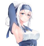  1girl ainu_clothes armpits bandana bangs blue_eyes blush breasts eyebrows_visible_through_hair folded_ponytail headband jenson_tw kamoi_(kantai_collection) kantai_collection large_breasts long_hair ponytail sidelocks simple_background smile solo upper_body white_background white_hair 