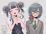  3girls alternate_hairstyle bang_dream! bangs belt black-framed_eyewear black_dress black_hair blue_hair blunt_bangs cardigan closed_eyes crossed_arms double_bun dress glasses green_eyes green_neckwear grey_background grey_hair grey_jacket hair_over_shoulder haneoka_school_uniform heart index_fingers_raised jacket lock_(bang_dream!) long_hair long_sleeves looking_at_viewer low-tied_long_hair masking_(bang_dream!) multicolored_hair multiple_girls necktie open_mouth pareo_(bang_dream!) pinafore_dress red_scrunchie romaji_text school_uniform scrunchie shiontaso short_sleeves sidelocks simple_background striped striped_neckwear sweatdrop two-tone_hair upper_body white_dress 