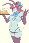  1girl :3 \||/ abs alcohol animal_ears aoi_(ittla) bangs beer beer_mug black_gloves blue_bow blue_skin blush bow breasts bunny_ears bunny_tail commentary cup detached_collar elbow_gloves english_commentary eyebrows_visible_through_hair facial_tattoo fake_animal_ears gloves groin hair_bow hand_up heart_pasties highres holding holding_tray horns ittla long_hair looking_at_viewer medium_breasts mug muscle muscular_female navel oni oni_horns original panties pasties pointy_ears ponytail red_hair simple_background skin-covered_horns slit_pupils smile solo stomach tail tattoo thick_eyebrows thighhighs tray underwear waving yellow_background yellow_eyes 