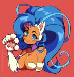  1girl absurdres animal_ears big_hair blue_eyes blue_hair blush breasts cat_ears cat_girl claws cleavage dark_skin fang felicia fur hand_up highres jojowentbananas large_breasts long_hair paws red_background simple_background skin_fang slit_pupils upper_body vampire_(game) white_fur 