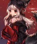  1girl animal_ear_fluff animal_ears arknights bangs bare_shoulders beanie behind-the-head_headphones black_headwear black_jacket blush closed_mouth eyebrows_visible_through_hair frostleaf_(arknights) grey_hair hat headphones highres holding jacket long_hair long_sleeves looking_at_viewer looking_to_the_side ninjinshiru off_shoulder red_eyes smile solo tail tail_raised upper_body wide_sleeves 