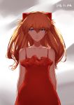  1girl alternate_costume arms_behind_back blue_eyes cowboy_shot dress hair_between_eyes highres kwi_(kawaiin) long_hair looking_at_viewer neon_genesis_evangelion orange_hair red_dress sleeveless sleeveless_dress solo souryuu_asuka_langley spaghetti_strap 