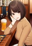  1girl :d alcohol beer belt blush bob_cut bracelet breasts brown_belt brown_eyes brown_hair commentary counter food glass gyouza_teishoku hair_strand hand_on_own_face highres izakaya jewelry kebab long_sleeves looking_at_viewer open_mouth original ribbed_sweater short_hair sitting skewer smile solo sweater tan_sweater turtleneck turtleneck_sweater wainscoting wooden_floor yakitori 