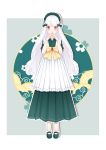  1girl absurdres albino bangs blunt_bangs floral_background frills full_body green_footwear green_skirt grey_background headdress highres long_hair long_skirt looking_at_viewer otome_game_no_hametsu_flag_shika_nai_akuyaku_reijou_ni_tensei_shite_shimatta outline pleated_skirt red_eyes shoes simple_background skirt solo sophia_ascart steepled_fingers very_long_hair white_hair white_outline 