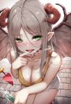  1girl bangs bare_shoulders blush breasts breath brown_hair cleavage collarbone commentary_request demon_girl demon_horns demon_tail demon_wings drooling eyebrows_visible_through_hair fangs green_eyes highres holding horns large_breasts liquid long_hair looking_at_viewer nose_blush open_mouth original parted_bangs pointy_ears saliva sidelocks sleeveless solo squatting tail tank_top test_tube tongue tongue_out v-shaped_eyebrows wet.elephant wings 
