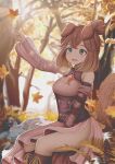  1girl animal_ears arm_up autumn autumn_leaves blue_eyes boots breasts brown_hair commission day dog_ears dog_tail eyebrows_visible_through_hair forest highres kirimatsu knee_boots looking_away medium_breasts multicolored_hair nature open_mouth original outdoors short_hair sitting smile solo tail two-tone_hair upper_teeth 