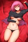  1girl arm_up bed_sheet black_panties black_shirt blue_eyes blush breasts breasts_apart closed_mouth collarbone colored_pubic_hair from_above ginhaha gundam half-closed_eyes haman_karn highres juliet_sleeves knee_up large_breasts long_sleeves looking_at_viewer lying navel on_back panties pubic_hair puffy_sleeves sheet_grab shirt shirt_lift smile solo stomach underboob underwear zeta_gundam 