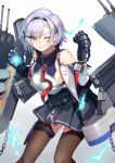  1girl azur_lane bangs bare_shoulders black_hairband black_legwear black_skirt blue_collar breasts clenched_hand collar commentary crotchless crotchless_pantyhose hairband highres large_breasts leaning_forward machinery metal_gloves miniskirt one_eye_closed parted_hair pleated_skirt reno_(azur_lane) shimozuki_shio sideboob skirt solo thighs 