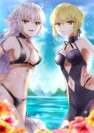  2girls absurdres ahoge artoria_pendragon_(all) ayamu_(igakato) bangs bare_shoulders bikini black_bikini black_dress blonde_hair blue_sky braid breasts cleavage closed_mouth collarbone dress dress_swimsuit fate/grand_order fate_(series) flower french_braid heroic_spirit_festival_outfit highres jeanne_d&#039;arc_(alter)_(fate) jeanne_d&#039;arc_(fate)_(all) jewelry large_breasts long_hair looking_at_viewer medium_breasts multiple_braids multiple_girls navel navel_cutout necklace ocean open_mouth saber_alter silver_hair sky smile swimsuit very_long_hair yellow_eyes 