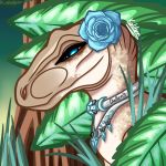  1:1 2020 blue_eyes collar digital_media_(artwork) dinosaur dromaeosaurid female feral flower hi_res jewelry kaliber marshy plant reptile scalie solo theropod utahraptor velociraptor 