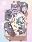  3_eyes agyou anthro asian_mythology bath blush bubble_bath duo east_asian_mythology foo_dog hi_res hijirinoyuta japanese_mythology komainu male mammal multi_ear multi_eye mythology overweight overweight_male pawpads rubber_duck size_difference tokyo_afterschool_summoners tsathoggua tusks video_games yōkai 