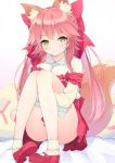  1girl animal_ear_fluff animal_ears bed_sheet blush bow breasts brown_hair closed_mouth collared_shirt commentary_request dress_shirt fate/extra fate_(series) fox_ears fox_girl fox_tail gedou_(shigure_seishin) hair_bow large_breasts leg_hug long_hair long_sleeves looking_at_viewer low_twintails pleated_skirt red_bow red_footwear red_skirt shirt shoes skirt sleeves_past_wrists smile socks solo tail tail_raised tamamo_(fate)_(all) tamamo_no_mae_(fate) twintails very_long_hair white_legwear white_shirt yes yes-no_pillow 