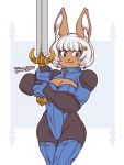  1girl 2020 :3 animal_ears artist_name bob_cut breasts bunny_ears bunny_girl cleavage closed_mouth final_fantasy final_fantasy_tactics furry hair_ornament hairclip highres holding holding_sword holding_weapon large_breasts looking_at_viewer original short_hair solo sword taggo weapon white_hair 