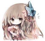  1girl :o bangs big_hair black_footwear blue_bow blush bow braid breasts brown_hair character_request cottontailtokki eyebrows_visible_through_hair flower full_body gloves grey_eyes grey_gloves hair_between_eyes hair_bow hair_flower hair_ornament kneebar long_hair long_sleeves looking_at_viewer mismatched_sleeves parted_lips pink_flower pink_skirt puffy_long_sleeves puffy_sleeves shadowverse shirt simple_background skirt small_breasts solo standing very_long_hair white_background white_shirt wide_sleeves 