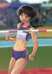  :d abs bare_shoulders bleachers bloomers blue_bloomers blue_sports_bra blurry blurry_background bob_cut brown_eyes clenched_hands commentary flat_chest hair_strand high_jump hip_bones midriff navel open_mouth original otsu_natsu red_stripes short_hair smile sports_bra striped track_and_field underwear white_stripes 