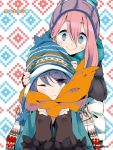  2girls afro beanie black_legwear blue_eyes blue_hair closed_mouth eyebrows_visible_through_hair fingerless_gloves gloves hands_on_another&#039;s_head hands_on_own_knees hat highres kagamihara_nadeshiko multiple_girls official_art one_eye_closed orange_scarf patterned_background pink_hair purple_eyes scarf shima_rin sidelocks smile winter_clothes yurucamp 