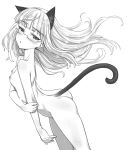  1girl animal_ears aohashi_ame ass blush breasts cat_ears cat_tail collarbone eyebrows_visible_through_hair feet_out_of_frame glasses greyscale highres long_hair looking_at_viewer looking_to_the_side monochrome nipples nude open_mouth perrine_h_clostermann shiny shiny_hair shiny_skin simple_background small_breasts solo standing strike_witches tail world_witches_series 