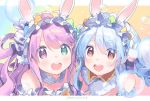 2girls :d absurdres animal_ear_fluff animal_ears bangs bare_shoulders blue_hair blush braid brown_eyes bubble bunny_ears candy_hair_ornament candy_wrapper commentary_request easter easter_egg egg eyebrows_visible_through_hair food_themed_hair_ornament green_eyes hair_between_eyes hair_ornament hair_rings heterochromia highres himemori_luna hololive huge_filesize long_hair multiple_girls open_mouth purple_eyes purple_hair round_teeth short_eyebrows smile strapless teeth thick_eyebrows twin_braids upper_body upper_teeth usada_pekora virtual_youtuber zuho_(vega) 