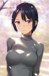  1girl bangs black_hair blurry blurry_background bralines breasts cherry_blossoms commentary expressionless grey_sweater hashi looking_at_viewer medium_breasts original parted_bangs purple_eyes short_hair sweater tree tsurime turtleneck turtleneck_sweater upper_body 