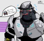  absurd_res alien armor awoonoah barazoku blush dialogue duo green_eyes halo_(series) hi_res humanoid male microsoft nervous rtas_&#039;vadum sangheili simple_background solo_focus speech_bubble text thel_&#039;vadam video_games xbox_game_studios 