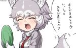  1girl ^_^ ^o^ animal_ears breasts closed_eyes commentary dog_(mixed_breed)_(kemono_friends) dog_ears dog_tail eyebrows_visible_through_hair facing_viewer fang frisbee grey_hair kemono_friends large_breasts multicolored_hair nyifu short_hair solo speech_bubble tail translation_request twitter_username upper_body white_hair 
