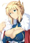  1girl absurdres ahoge aqua_eyes artist_request artoria_pendragon_(all) artoria_pendragon_(lancer) bangs blonde_hair blue_leotard braid breasts cape cleavage cleavage_cutout closed_mouth crown fate/grand_order fate_(series) french_braid fur-trimmed_cape fur_trim hair_between_eyes highres large_breasts leotard long_hair red_cape sidelocks simple_background solo underbust white_background 