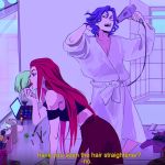  1boy 1girl applying_makeup bathroom blue_hair breasts crop_top drying drying_hair english_text fabulous hair_down hair_dryer highres kojirou_(pokemon) lipstick lipstick_tube long_hair makeup medium_breasts mirror musashi_(pokemon) pokemon pokemon_(anime) red_hair sinful_hime subtitled 