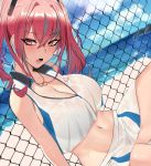  1girl :o azur_lane bangs bare_shoulders beach blue_sky blush breasts bremerton_(azur_lane) bremerton_(scorching-hot_training)_(azur_lane) chain-link_fence cleavage cloud commentary_request crop_top crop_top_overhang crossed_bangs fence hair_between_eyes hair_ornament headgear heart heart_necklace large_breasts midriff multicolored_hair navel ocean oni_noodle open_mouth pleated_skirt red_eyes sand shirt shore sitting skirt sky sleeveless sleeveless_shirt sportswear stomach streaked_hair sweat tennis_uniform thighs two-tone_shirt two-tone_skirt two_side_up water x_hair_ornament 