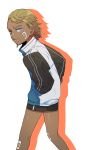  1girl absurdres bandage_on_knee bandaid bandaid_on_face blonde_hair blue_eyes dark_skin doumeki_parker eizouken_ni_wa_te_wo_dasu_na! highres jacket looking_at_viewer short_shorts shorts simple_background smile solo takao_(88499191) white_background 