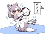  1girl :i animal_ears blue_eyes blush boots check_translation coat commentary dog_(mixed_breed)_(kemono_friends) dog_ears dog_girl dog_tail elbow_gloves exercise extra_ears eyebrows_visible_through_hair fur_trim gloves grey_coat grey_hair grey_skirt heterochromia kemono_friends multicolored_hair pantyhose pleated_skirt ransusan ring_fit_adventure short_hair short_sleeves skirt solo sweatdrop tail translation_request two-tone_coat two-tone_hair white_coat white_gloves white_hair white_legwear yellow_eyes yoga_mat 