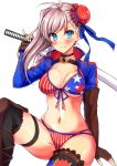  america american_flag american_flag_bikini american_flag_legwear asymmetrical_footwear asymmetrical_gloves asymmetrical_hair bikini blue_eyes blue_swimsuit blush breasts bun_cover cleavage collarbone cross-laced_legwear fate/grand_order fate_(series) fingerless_gloves flag_print gloves gunblade hair_bun hair_ribbon large_breasts long_hair looking_at_viewer miyamoto_musashi_(fate/grand_order) miyamoto_musashi_(swimsuit_berserker)_(fate) multicolored multicolored_clothes multicolored_swimsuit pink_hair print_bikini print_swimsuit ribbon shrug_(clothing) side-tie_swimsuit simple_background single_hair_intake single_thigh_boot swimsuit weapon white_background yukiya_(shiya) 