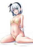  1girl :d arms_behind_back bare_arms bare_legs bare_shoulders bikini black_hairband black_ribbon breasts collarbone commentary_request feet_out_of_frame front-tie_bikini front-tie_top green_eyes hair_ribbon hairband highres konpaku_youmu looking_at_viewer navel nori_tamago open_mouth ribbon shirt short_hair side-tie_bikini silver_hair simple_background sitting small_breasts smile solo stomach swimsuit touhou untied untied_bikini wariza white_background white_shirt yellow_bikini yellow_ribbon 