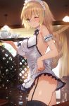  1girl apron bangs bare_shoulders blonde_hair blue_eyes blush braid breasts closed_mouth cup dress fate/apocrypha fate_(series) highres jeanne_d&#039;arc_(fate) jeanne_d&#039;arc_(fate)_(all) large_breasts long_hair looking_at_viewer maid_headdress one_eye_closed seon_(seonon_) single_braid smile solo teacup teapot thighhighs thighs tray very_long_hair white_dress 