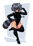  1girl absurdres animal_ears arm_up blue_eyes boots breasts closed_mouth dark_skin full_body grey_hair highres large_breasts looking_at_viewer mask messy_hair original raccoon_ears raccoon_girl raccoon_tail short_hair smile solo taggo tail thigh_boots thighhighs wide_hips 