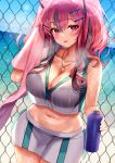  1girl absurdres azur_lane bangs bare_shoulders beach blue_sky blush bottle bow bra breasts bremerton_(azur_lane) bremerton_(scorching-hot_training)_(azur_lane) chain-link_fence cleavage collarbone commentary_request crop_top crop_top_overhang day denchu_(kazudentyu) drying eyebrows_visible_through_hair fence grey_hair hair_between_eyes hair_bow hair_ornament hairclip head_tilt heart heart_necklace highres holding holding_bottle large_breasts long_hair looking_at_viewer midriff mole mole_on_breast mole_under_eye multicolored_hair navel ocean outdoors pink_eyes pink_hair see-through shiny shiny_skin shirt sidelocks sky sleeveless sleeveless_shirt sportswear standing streaked_hair sweat tennis_uniform tongue tongue_out towel twintails two-tone_hair two-tone_shirt two-tone_skirt underwear water_bottle wet wet_clothes x_hair_ornament 