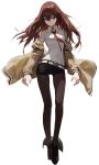  1girl absurdres bangs belt black_legwear blue_eyes boots breasts brown_hair closed_mouth dress_shirt full_body hair_between_eyes highres jacket long_hair looking_at_viewer makise_kurisu mossi necktie pantyhose red_neckwear shirt shorts simple_background small_breasts solo steins;gate white_background 