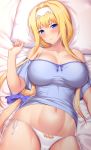  1girl absurdres alice_schuberg bangs bed bed_sheet blonde_hair blue_eyes blue_ribbon blue_shirt bow breasts closed_mouth commentary_request covered_nipples embarrassed eyebrows_visible_through_hair hair_bow hair_ribbon hairband hand_up highres kawase_seiki large_breasts long_hair looking_at_viewer lying nail_polish navel on_back panties pillow ribbon shiny shiny_skin shirt short_sleeves sidelocks sleepwear sword_art_online sword_art_online_alicization underwear very_long_hair white_hairband white_panties 