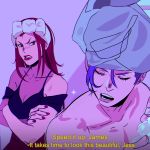  1boy 1girl annoyed blue_hair breasts cleavage commentary crossed_arms english_commentary english_text hair_down highres kojirou_(pokemon) lipstick makeup medium_breasts musashi_(pokemon) pokemon pokemon_(anime) purple_eyes red_hair shaving_cream shirtless sinful_hime subtitled towel towel_on_head 