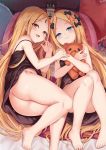  2girls abigail_williams_(fate/grand_order) ass bangs barefoot black_bow black_camisole blonde_hair blue_eyes bow breasts dual_persona fang fate/grand_order fate_(series) feet forehead hair_bow highres keyhole legs long_hair multiple_bows multiple_girls orange_bow panties parted_bangs polka_dot polka_dot_bow red_eyes shimokirin small_breasts stuffed_animal stuffed_toy teddy_bear underwear white_panties 